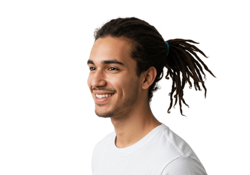 Happy Young Man Smiling Profile Portrait Studio Shot Male Hair Face Model Black White Shirt Dreads png