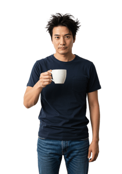 Man Holding White Coffee Mug Casual Dark Blue Shirt Jeans tea cup male drink model style adult png