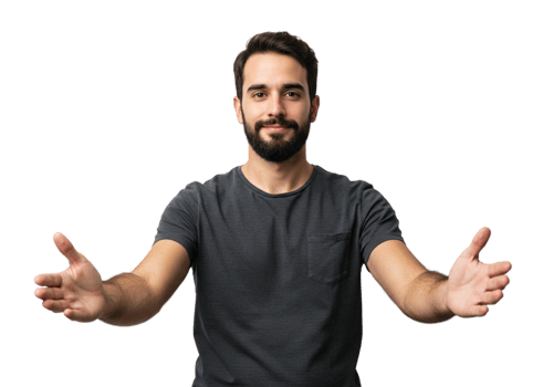 Friendly Smiling Man Offering a Warm Embrace Welcoming Gesture Black Background male open arms body png