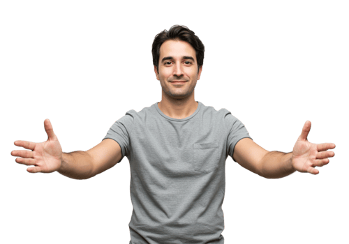 Friendly Man Offering a Warm Embrace Happy Smiling Guy Open Arms Gesture Male Grey Kind Shirt Black png