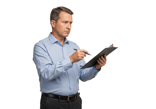 Serious Businessman Reviewing Documents Clipboard Pen Notes work male blue adult shirt office studio png