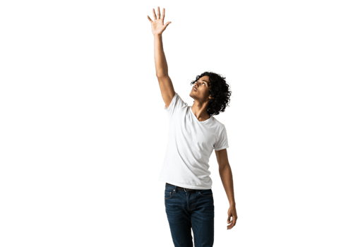 Young Man Reaching Upward Black Background Studio Portrait Male Hand Hope Goal High White Jeans png