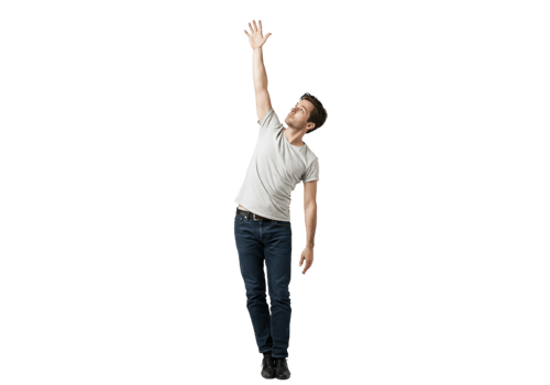 Young Man Reaching Upwards Studio Shot Casual Pose Grey TShirt Jeans Background Male Model Black png