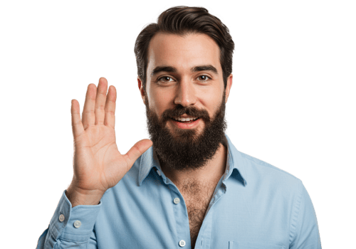 Smiling Man with Beard Waves Hello Friendly Gesture Portrait Studio Male Hand Blue Black Happy Shirt png