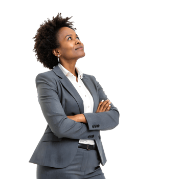 Confident Businesswoman in a Formal Suit Contemplating Future Opportunities png