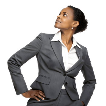 Business professional in a gray suit looking up with confidence during a leadership event in an office setting transparent background png