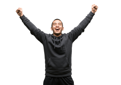 Happy Man Winning Celebrating Success Joyful Achievement Black Background Goal Male Arms Young Adult png