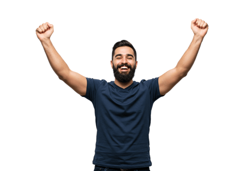 Happy Man Celebrating Success Arms Raised Joyful Expression Studio Shot black model winner people png