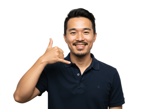 Smiling Man Making Call Me Gesture Dark Background Studio Shot male hand sign phone happy model png