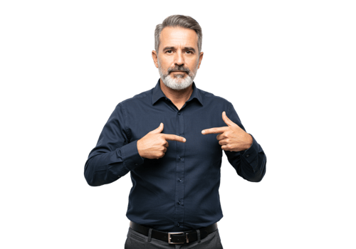 Confident Mature Man Points at Himself Professional Portrait Studio Shot gray hair pride beard black png