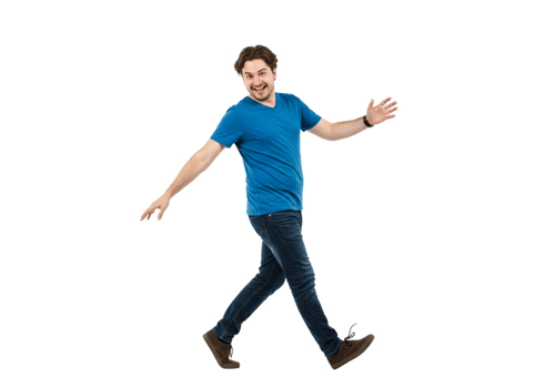 Happy Man Walking Casual Blue Shirt Jeans Studio male model young adult person joyful active smiling png