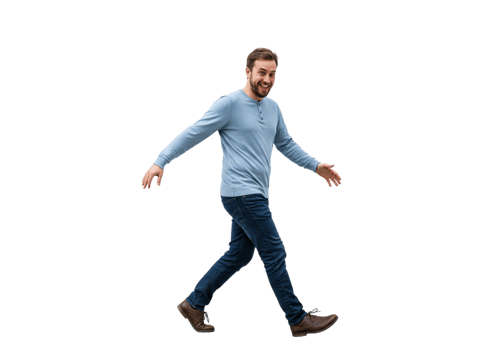 Happy Man Walking Joyful Casual Style Blue Shirt Jeans model denim person stride smiling fashion png