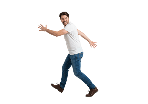 Happy Man Walking Energetically Studio Shot Casual White TShirt Jeans blue young adult model style png
