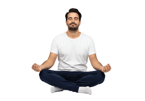 Serene Man Meditating Peaceful Yoga Pose Studio White Shirt zen calm inner focus healthy fitness png