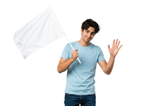 Young Man Holding White Flag Smiling Friendly Wave Gesture male blue sign peace happy jeans person png