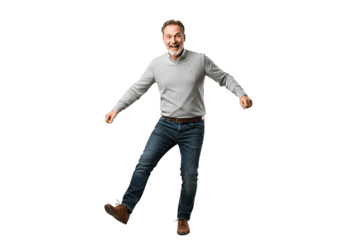Happy Mature Man Joyful Dance Studio Background Grey Sweater Jeans Full Body Adult Black Energy png