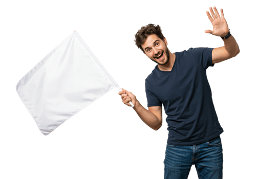 Happy Man Holding Blank White Flag Waving Smiling Studio Male Sign Peace Young Adult Person Joyful png