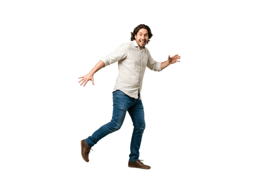 Excited Man Jumping Happy Casual Lifestyle Joyful Energetic Young Adult Male Black White Shirt Jeans png
