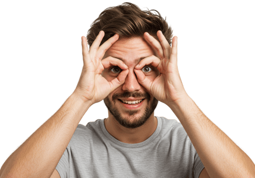 Playful Man Making Funny Binoculars Gesture Happy Expression Studio Shot Eyes Face Male Hands Smile png