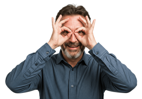 Playful Mature Man Making Funny Binoculars Gesture Happy Expression Studio Shot Male Face Eyes Adult png