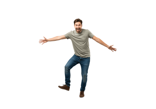 Excited Man Jumping Joyful Expression Happy Casual Style Studio Shot male arms model adult young png