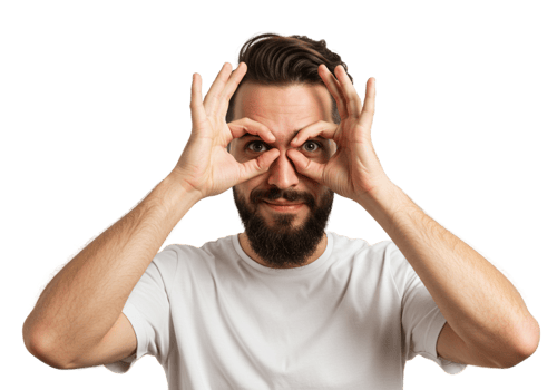 Playful Man Making Funny Face Hands as Binoculars White TShirt male eyes look black happy model png