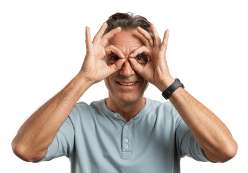 Playful Mature Man Making Funny Face Hands Glasses Studio Shot adult happy model black photo image png