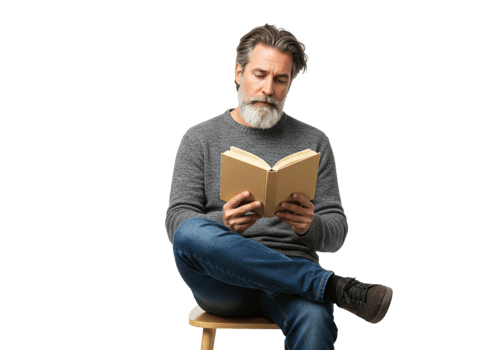Mature Man Reading Book Relaxed Pose Studio Shot Grey Sweater calm male adult beard chair senior png
