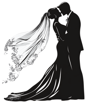 A silhouette of a bride and groom kissing png