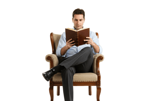 Man Reading Book in Comfortable Armchair Relaxed Peaceful Atmosphere Home Male Study Adult Brown png