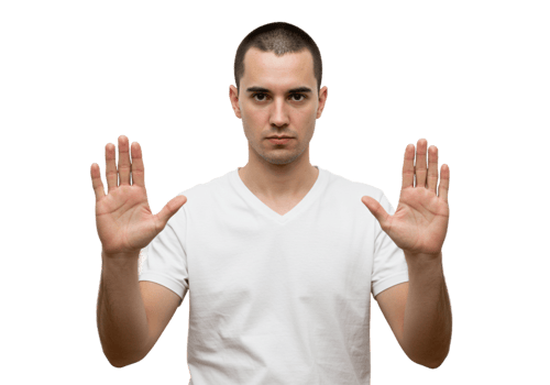 Serious Man Shows Stop Gesture Hands White TShirt Background Male Sign Body Halt Black Adult Human png
