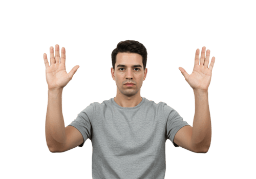 Man Gesturing with Hands Up Studio Shot Grey TShirt male pose arms body black model image photo png