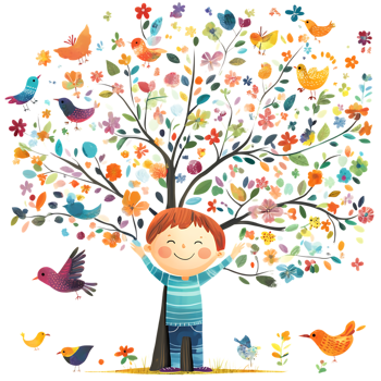 A boy is standing under a tree with birds and flowers png