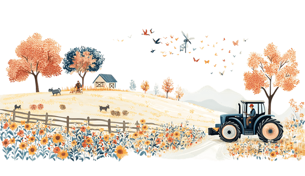 A watercolor painting of a tractor and farm png