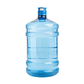 A blue, transparent, plastic water bottle with a spout, suitable for water dispensers. Its surface reflects light with visible condensation droplets png