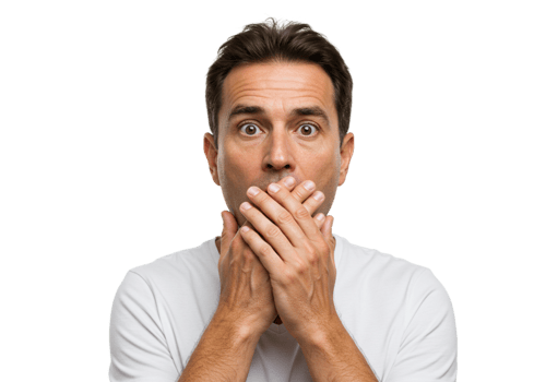 Shocked Man Covering Mouth Secret Surprise Close Up Studio Fear Male Hands Adult Image Photo Hidden png