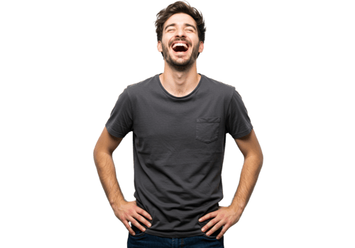 Happy Man Laughing Joyfully Studio Shot Dark Background Casual Grey TShirt fun male model adult png