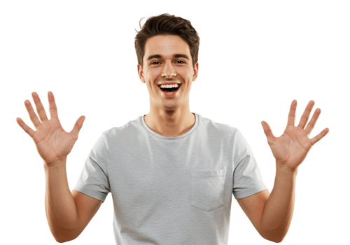 Happy Young Man Smiling Widely Shows Open Hands Studio Male Model Black White Joyful Person Tshirt png