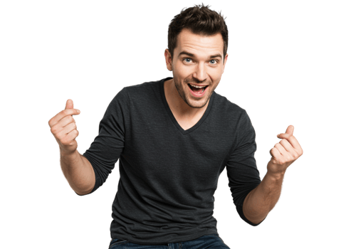 Excited Man Gesturing Happy Winning Success Joyful male young adult model black image casual tshirt png