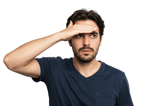 Man Looking into Distance Hand on Forehead Serious Expression Dark Background Male Face Eyes Adult png