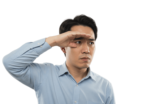 Man in Blue Shirt Looking into Distance Serious Expression Face Male Hand Adult Image Photo Person png