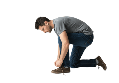Man Kneeling Tying Shoelaces Casual Jeans Grey Shirt male shoes brown denim adult young model black png