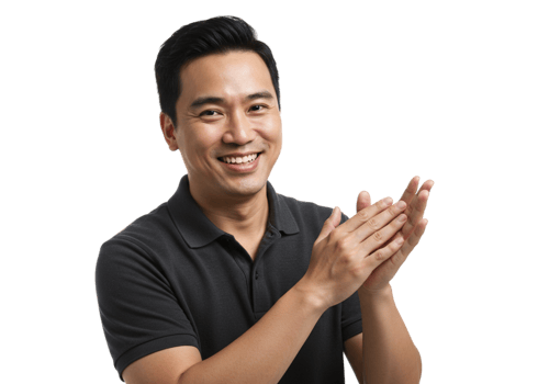 Happy Smiling Asian Man Clapping Hands Portrait Studio Male Glad Black Person Joyful Excited Success png