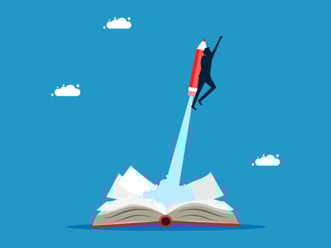 man flying with a rocket on top of an open book vector
