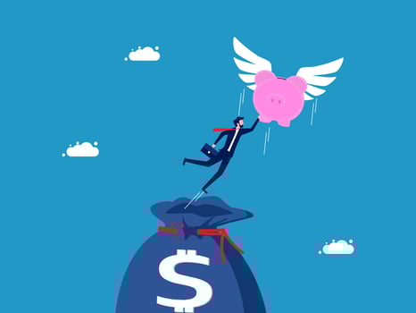 businessman flying with piggy bank and money bag on blue background vector