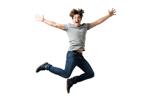 Excited Young Man Jumping Joyfully Grey Shirt Jeans Background Fun Happy Black Youth Active Energy png