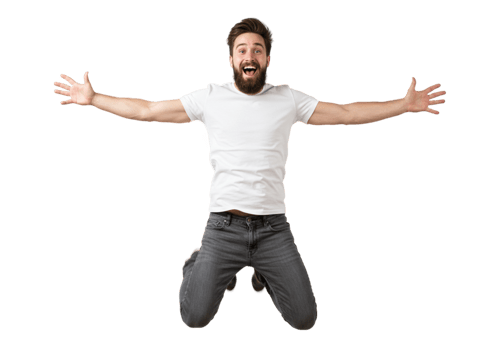 Happy Man Jumping Joyful Expression White TShirt Casual Jeans Fun Male Black Youth Studio Person png