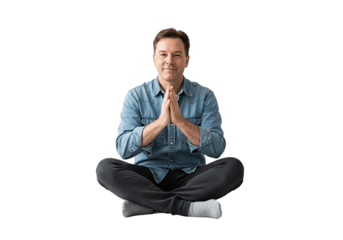 Peaceful Man Meditating in Lotus Pose Denim Shirt Studio Calm Yoga Male Adult Serene Person Healthy png