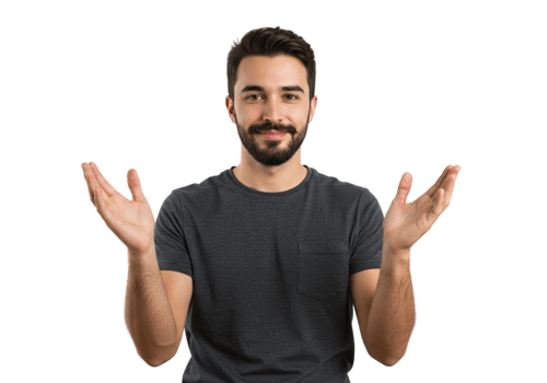 Friendly Man Gesturing Open Palms Presenting Product Offer Male Face Grey Hands Black Model Image png