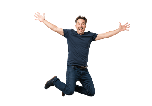 Happy Man Jumping Joyful Expression Casual Clothes Black Background fun male jeans adult tshirt png